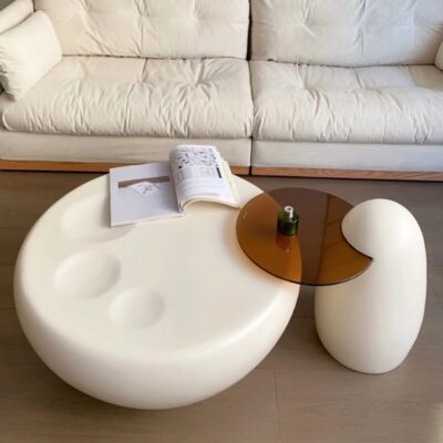 Phong cách màu kem kết hợp bàn cà phê phong cách wabi sabi phòng khách tối giản hiện đại nhà màu đỏ thiết kế mặt nhỏ bàn tròn