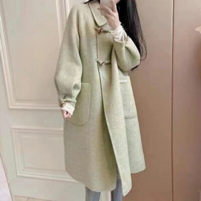 Áo khoác len mới mùa thu và mùa đông mới khóa sừng hai mặt len dài vừa phải khí chất áo rời nhà máy bán trực tiếp