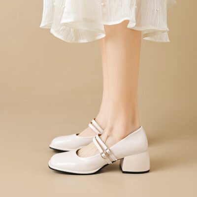 Phong Cách Pháp Giày Mary Jane Nữ Gót Dày 2023 Mới Một Từ Thắt Lưng Preppy Giày Da Nhỏ Đế Dày Cổ Đơn giày Nữ