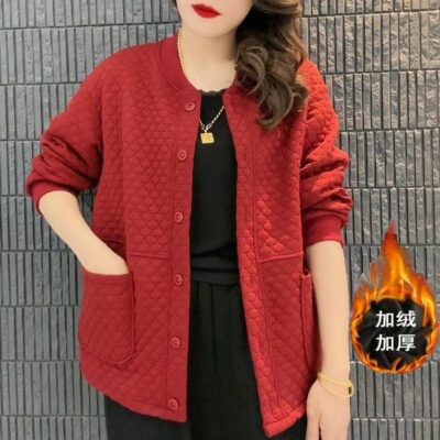 Sang trọng dày dặn áo khoác dạ nữ mùa thu đông mới cardigan dài tay cổ tròn phù hợp với áo khoác hình thoi áo khoác cao cấp