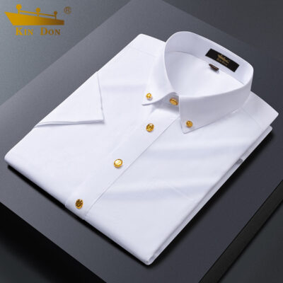 Golden Shield Áo sơ mi nam không phải sắt ngắn tay mùa hè Áo sơ mi trắng công sở theo xu hướng Slim Ice Silk Đồng nút inch Áo sơ mi