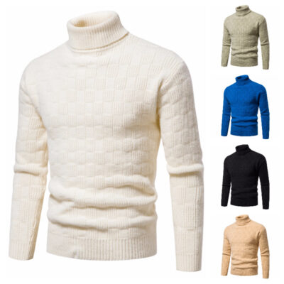 xuất khẩu ngoại thương mùa thu đông nam cao cổ kẻ sọc áo len jacquard mỏng vừa vặn co giãn áo len giản dị