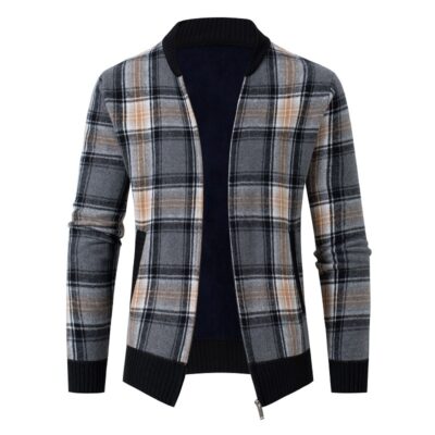 Ngoại thương xuyên biên giới thu đông áo len lông cừu kẻ sọc nam áo khoác len bóng chày cổ dày áo khoác cardigan dây kéo