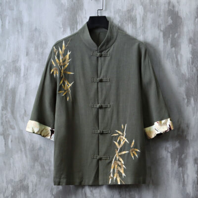 Mùa Hè Năm 2023 Mới Phong Cách Trung Hoa Nam Linen Khóa Năm Phần Tư Áo Sơ Mi Lá Tre Thêu Khâu Cổ Trang Phục Áo Sơ Mi