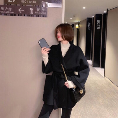 23 mùa thu đông mới len cao cấp 2 mặt áo khoác cashmere phiên bản Hàn Quốc nhỏ rời phù hợp với cổ đai dây áo choàng tắm nữ