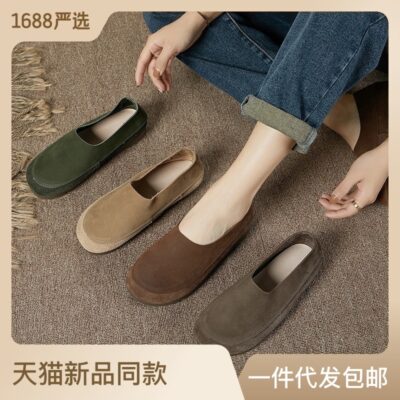 Bạch Kim Ban Đầu Handmade Retro Giày Nữ Da Đơn Giày Mũi Tròn Lớp Đáy Mềm Chà Da Mẹ Giày