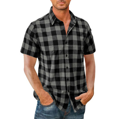 Amazon Nam Hawaii Áo Sơ Mi Cardigan Tay Ngắn Ngoại Thương Nam Mới Cotton Kẻ Sọc Bán Buôn