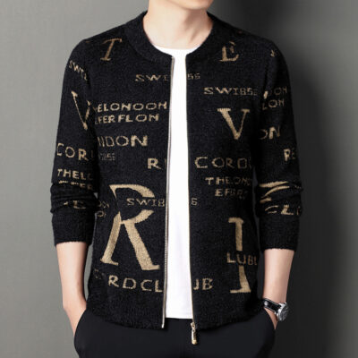 Mùa Thu Đông 2022 Nam Dày Giả Nhung Chồn Dệt Kim Áo Khoác Cardigan Trung Niên Và Thanh Niên Áo Len Bảng Chữ Cái Dây Kéo Áo Len Bóng Chày Áo Sơ Mi