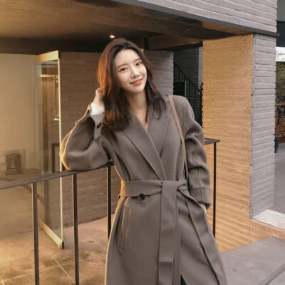 Áo khoác cashmere hai mặt màu ca cao Dongdaemun Hàn Quốc thắt lưng dài vừa phải áo khoác gió nylon hai mặt may thủ công