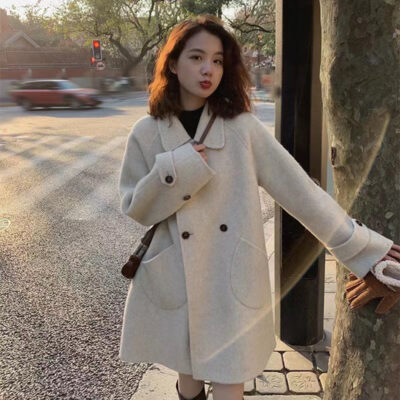 Áo khoác phong cách phương Tây Áo khoác len 2 mặt dáng rộng cho nữ nhỏ có chiều dài trung bình cổ búp bê giảm tuổi Áo khoác len 2 mặt