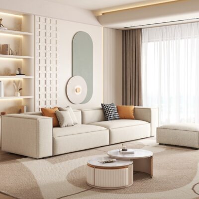 Sofa phong cách đậu phụ khối màu kem phòng khách đơn giản hiện đại hàng thẳng ghế sofa ba chỗ lưới vải công nghệ đỏ sofa