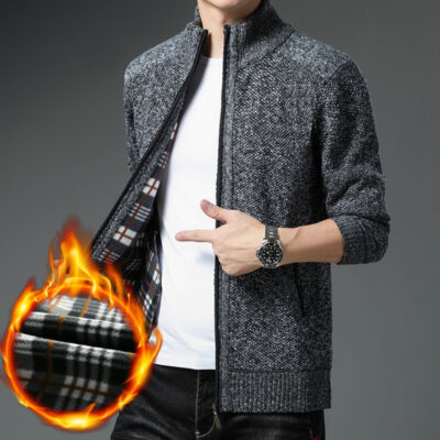 Mùa thu mới áo len dệt kim nhung dày phần áo len nam cardigan phiên bản Hàn Quốc mỏng vừa vặn nối áo khoác hợp thời trang