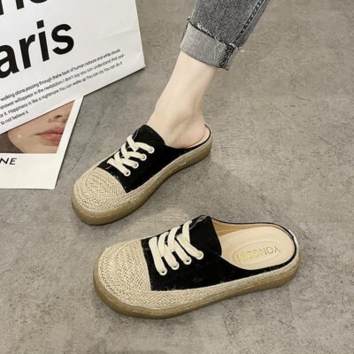 Giày vải nửa kéo thích hợp cho nữ áo khoác ngoài mùa hè lưới màu đỏ xăng đan thời trang đáy dày giày ngư dân đế mềm Bao Đầu hỗ trợ giày nữ