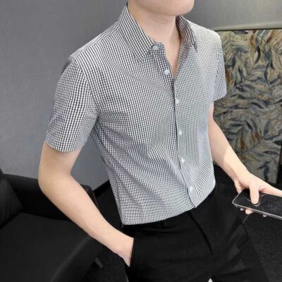 Sơ mi nam ngắn tay kẻ sọc nhỏ mùa hè công sở mới áo sơ mi nam dáng ôm chất lượng cao mẫu nam