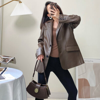 Bộ đồ da cao cấp quần áo nữ mùa xuân 2023 áo khoác da mới áo khoác da nữ màu đen áo khoác da phù hợp với áo khoác nữ