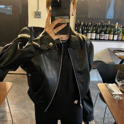 Dongdaemun của Hàn Quốc cùng phong cách Ins Các blogger châu Âu và Mỹ mặc áo khoác da bay bằng da tổng hợp cổ ve áo ngắn nữ
