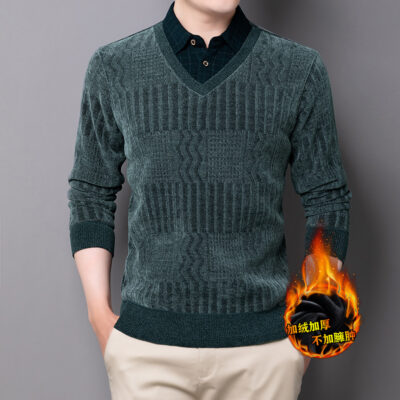 Nam trung niên giả áo len chenille hai mảnh áo sơ mi nam cổ giả thu đông cộng với áo len len dày nhung đáy