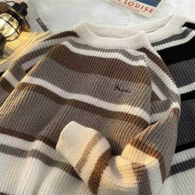 Áo dệt kim cặp đôi sọc phong cách cổ điển Nhật Bản dành cho nam và nữ thương hiệu hợp thời trang áo chui đầu dáng rộng phong cách lười biếng đẹp trai áo len dáng rộng phù hợp với mọi lứa tuổi