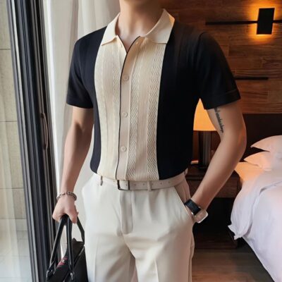 Top Nam Mùa Hè 2023 Áo Sơ Mi Dệt Kim Ngắn Tay Phong Cách Hàn Quốc Slim Breeze Rỗng Ve Áo Nửa Tay Áo Cardigan OLO Của Anh