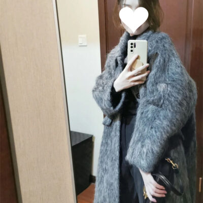 D-made dài tóc mohair mùa đông mới màu xám đen dài lớp GAO áo khoác len áo khoác len nữ
