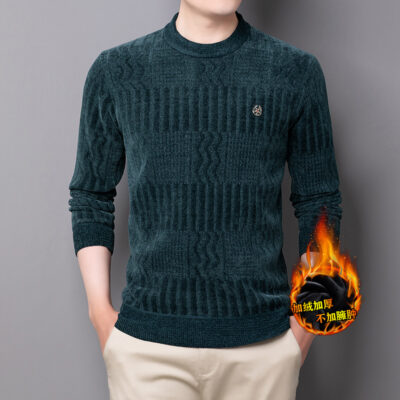 Plus nhung dày áo len cổ tròn nam mùa thu đông mới áo len dệt kim ấm áp trung niên và trẻ trung