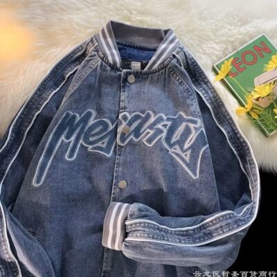 UM có gạo Áo khoác denim nam mùa xuân và mùa thu Hồng Kông quần áo cặp đôi rời bên trong áo khoác bóng chày đẹp trai