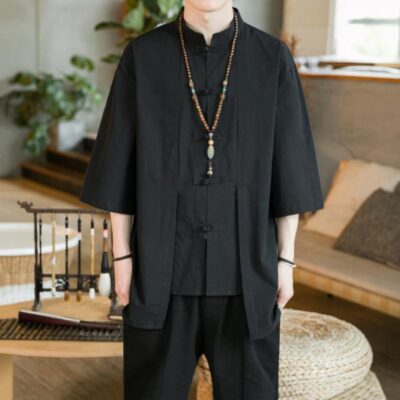 Áo Sơ Mi Retro Linen Nam Ngắn Tay Mùa Hè Phong Cách Retro Tay Lửng Ba Phần Tư Áo Sơ Mi Size Lớn Dáng Rộng Cổ Đứng Đường Phù Hợp Với