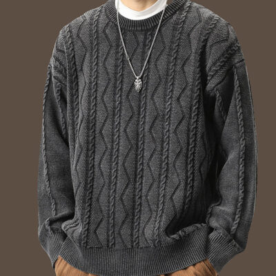 Cao cấp phong cách retro xoắn cổ tròn dày kim áo len nam mùa xuân và mùa thu rời hợp thời trang thương hiệu áo khoác ngoài kích thước lớn áo len dệt kim đường mỏng