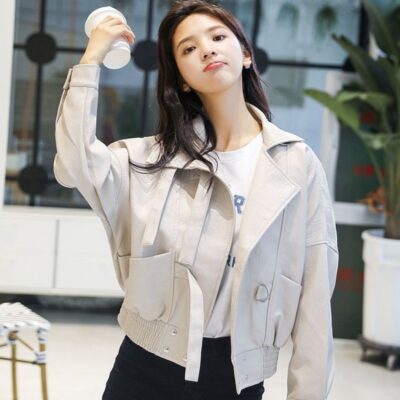 Áo khoác da nữ mùa xuân quần áo nữ 2023 mới hợp thời trang xuân thu phiên bản Hàn Quốc áo khoác ngắn đi mô tô dáng rộng dành cho học sinh