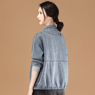 Cổ đứng dụng cụ denim áo khoác ngắn mùa xuân và mùa thu 2023 nữ mới dáng rộng retro áo khoác bóng chày D6369