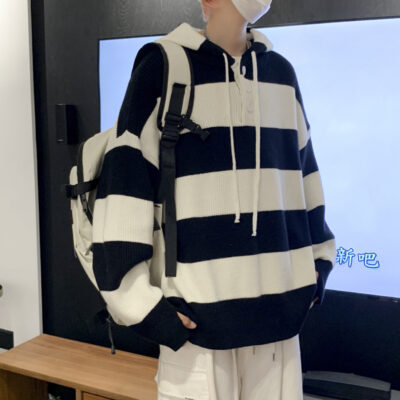 Áo len sọc cổ điển áo len nam mùa thu đông Nhật Bản xu hướng thể thao áo len có mũ trùm đầu