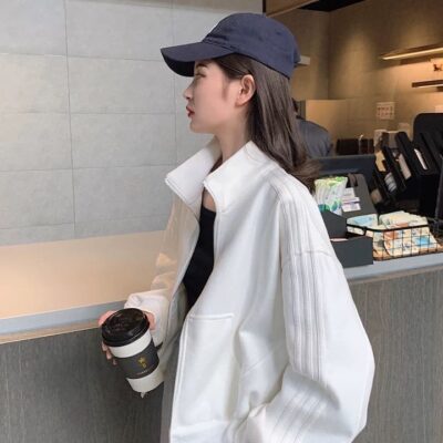 Mùa Xuân Và Mùa Thu 2023 Ngắn Cổ Đồng Phục Bóng Chày Áo Khoác Thể Thao Nữ Áo Khoác Nhỏ Áo Len Cardigan Đen Trắng