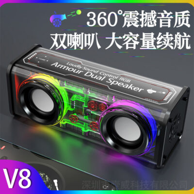 2023 Mới Trong Suốt Đèn Nhiều Màu Sắc Loa Bluetooth V8 Thép Nhỏ Pháo Bass Hỗ Trợ Series Mecha Thép Nhỏ Pháo