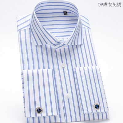 Áo Sơ Mi Nam Kiểu Pháp Cổ Windsor DP Sẵn Sọc Không Sắt Cao Cấp Công Sở Trang Trọng Cotton Cổ Tay Sơ Mi Dài Tay Có Khuy Cài Nút