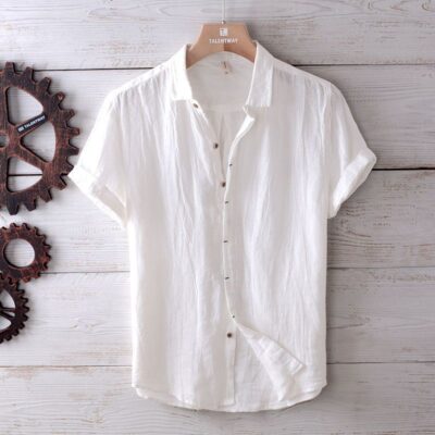 Áo sơ mi vải lanh màu trơn cho nam ngắn tay mùa hè phần mỏng rộng rãi thoáng khí phong cách retro Nhật Bản cổ điển áo sơ mi cotton và vải lanh nhăn