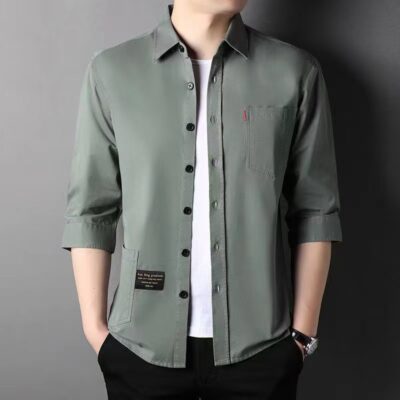 Mùa hè cotton nguyên chất tay ba phần tư áo sơ mi phong cách Hồng Kông nam sơ mi cotton mỏng phần dụng cụ áo khoác rời thời trang nam