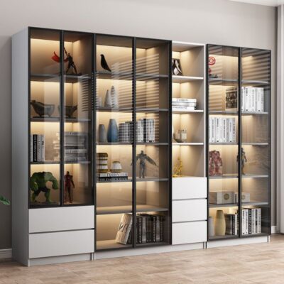 Tủ sách sang trọng nhẹ với cửa kính kệ sách sàn tủ rượu phòng khách hiện đại đơn giản tủ sách tủ trưng bày bằng gỗ nguyên khối