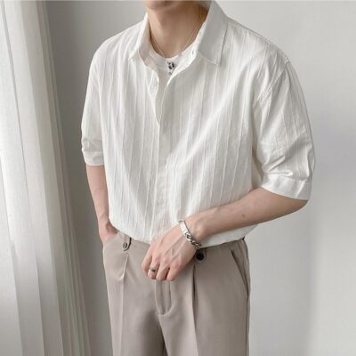 Nengmeng đơn giản phong cách Hàn Quốc cotton ngắn tay áo sơ mi nam mỏng hàng đầu xu hướng sọc kẻ sọc mùa hè