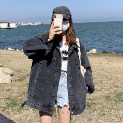 Áo Khoác Denim Chiều Dài Trung Bình Mùa Xuân Và Mùa Thu Nữ Hợp Thời Trang Phong Cách Hàn Quốc Dáng Rộng Đa Năng Lười Gió Áo Khoác Cao Cấp