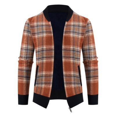 Thương mại nước ngoài mùa thu và mùa đông cộng với nhung giản dị áo len nam kẻ sọc cổ áo bóng chày dày áo khoác dây kéo cardigan áo khoác len