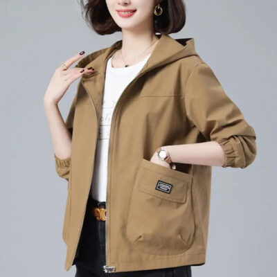 Áo khoác ngắn có mũ trùm đầu của mẹ trung niên nữ mùa xuân và mùa thu 2023 mới 40 tuổi 50 áo khoác phong cách nước ngoài rộng rãi giản dị