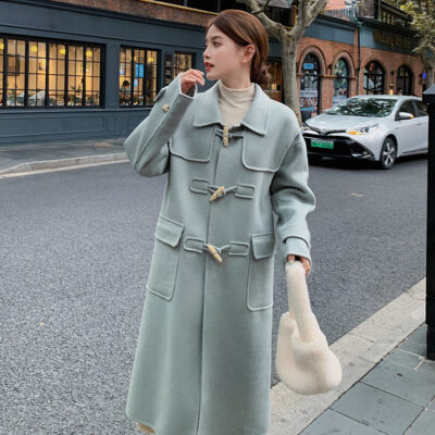 Áo Khoác Len Cashmere Màu Xanh Nhạt, Thu Đông 2023, Mới Dài Trung Bình, Khóa Sừng Nhỏ, Áo Khoác Len 2 Mặt