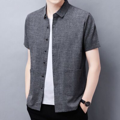 Mùa Hè Áo Sơ Mi Linen Mỏng Nam Ve Áo Ngắn Tay Cotton Và Vải Lanh Màu Băng Lụa Thanh Niên Trung Niên Nhiều Túi Thường Ngày