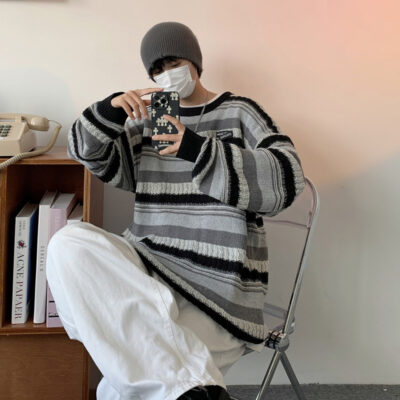Áo len sọc nam mùa xuân và mùa thu ins rộng rãi 2023 chạm đáy áo khoác áo len cổ tròn phong cách lười kiểu Mỹ