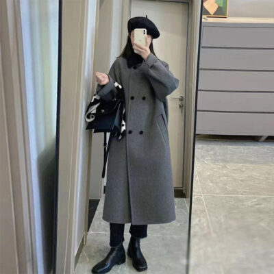 Áo khoác cashmere hai mặt mới mùa thu đông nữ dài vừa phải Áo khoác len màu xám Hàn Quốc người đàn ông nhỏ