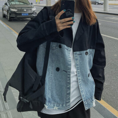 Đường khâu áo khoác denim nữ mùa xuân 2023 mới rộng rãi phù hợp với áo khoác đôi hàng ngực giảm tuổi retro cổ điển cho nữ