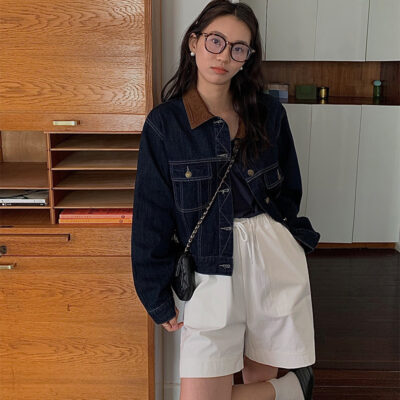 TG Hồng Kông Phong Cách Retro Màu Tương Phản Ren Định Ve Áo Khâu Áo Khoác Denim Nữ 2023 Đầu Xuân Áo Khoác Mới 19008