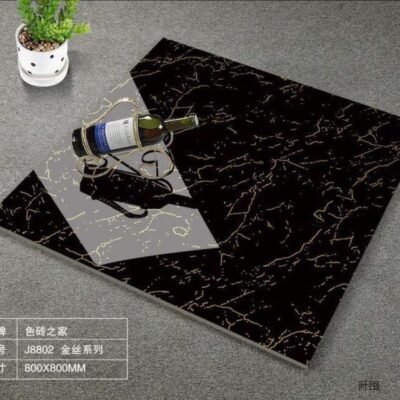 Gạch màu vàng 800X800 dày và đen siêu sáng toàn thân gạch đen và trắng gốc đen hoa vàng gạch lát nền màu đen