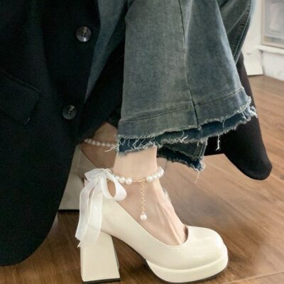 Giày đế đơn nữ siêu cao gót mùa xuân và mùa thu 2023 mới đế dày ngọc trai Mary Jane giày da cỡ lớn giày nhỏ