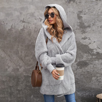 Xuyên Biên Giới Mùa Đông Mới Đồng Màu Cardigan Sang Trọng Áo Khoác Nữ Dày Len Ấm Áp Có Mũ Áo Khoác Thường 85111